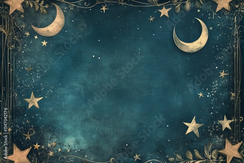 Night sky; gold stars, crescents; ornate border.