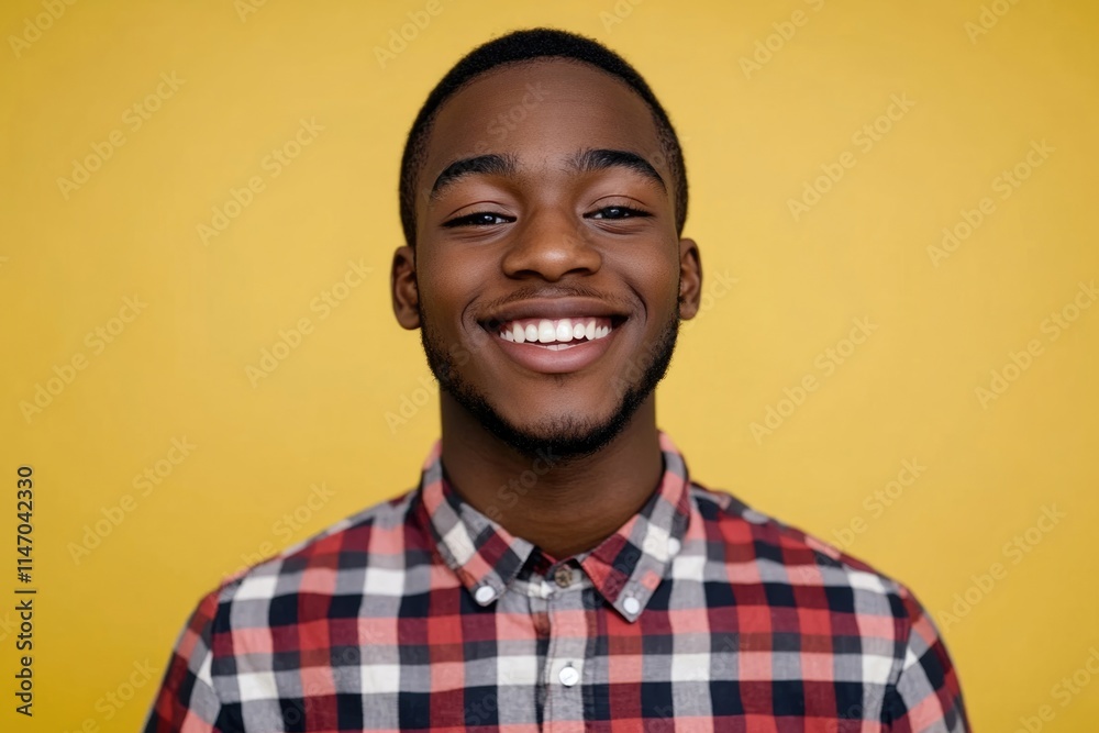 Portrait of smiling young African American student on yellow background Portrait of smiling young African American student on yellow background