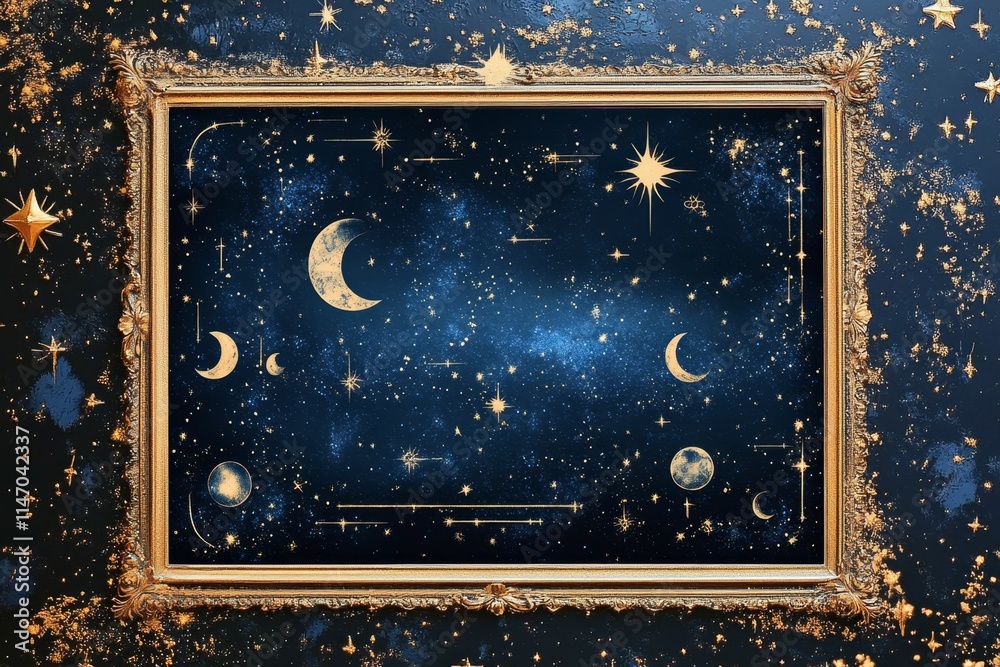 Obraz premium Gold frame, celestial scene, stars, moons, dark blue.