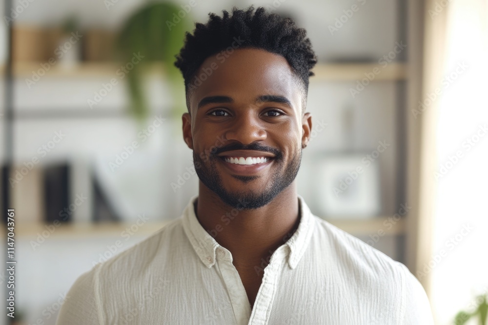 Happy African American man posing for headshot at home office. Happy African American man posing for headshot at home office.