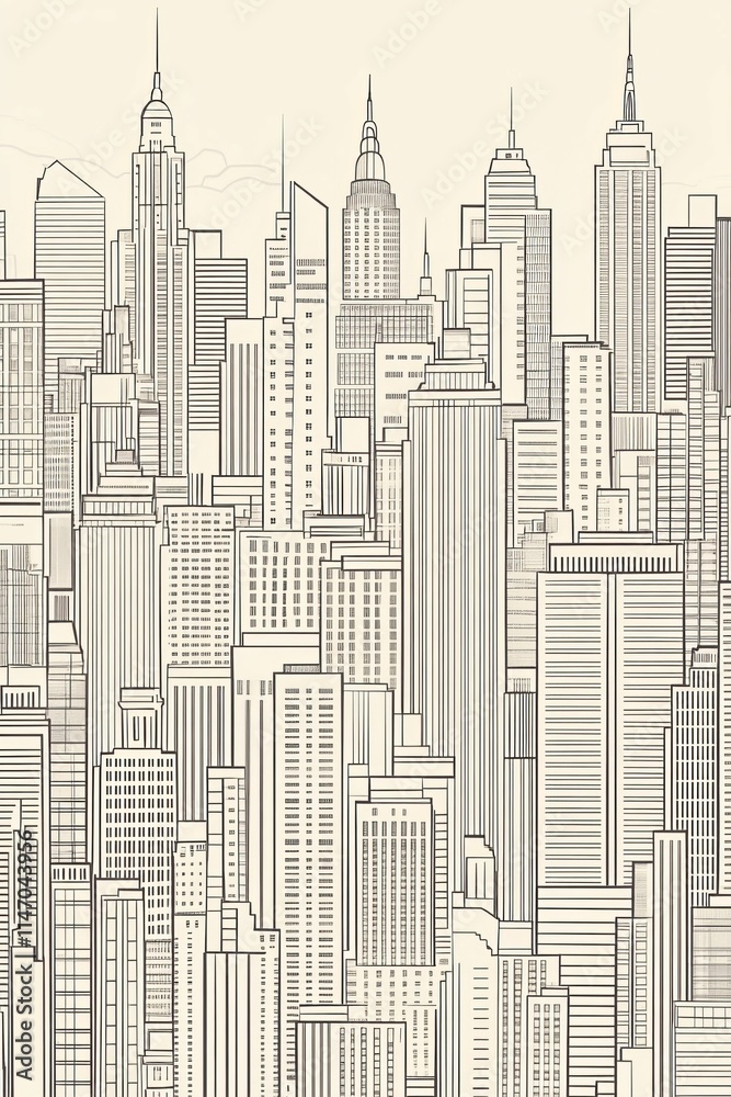 Dense city skyline, sketched, black lines. Dense city skyline, sketched, black lines.