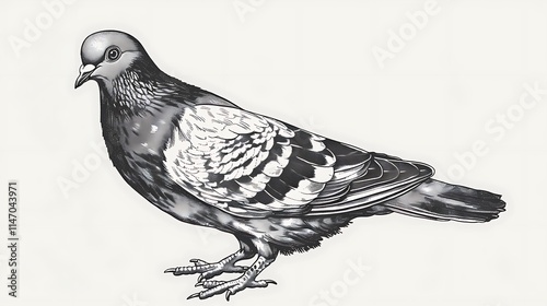 Intricate Sketch Engraving of a Pigeon or Dove, Capturing the Grace and Beauty of This Elegant Bird in Detailed Artistic Representation photo