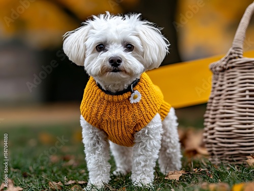 A small white dog wearing a yellow sweater standing in the grass