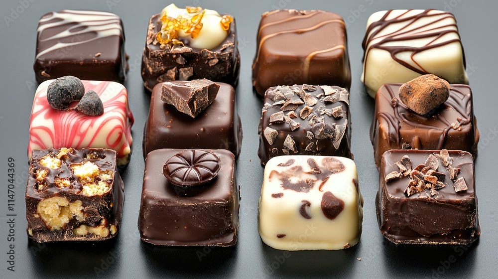 Assorted gourmet chocolate squares, various toppings & fillings. Assorted gourmet chocolate squares, various toppings & fillings.