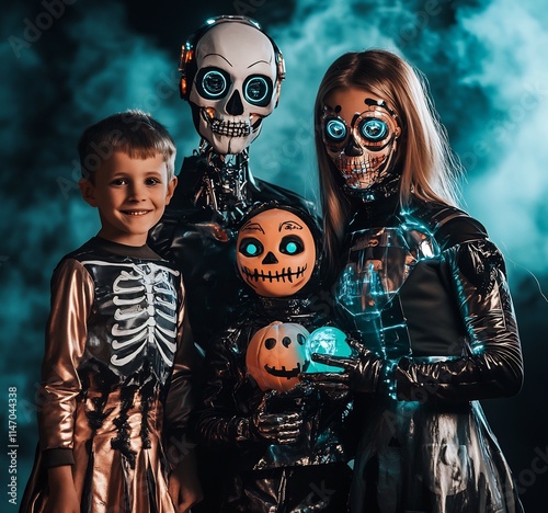 English Halloween family a school event with recent costumes and a futuristicthemed infographic photo