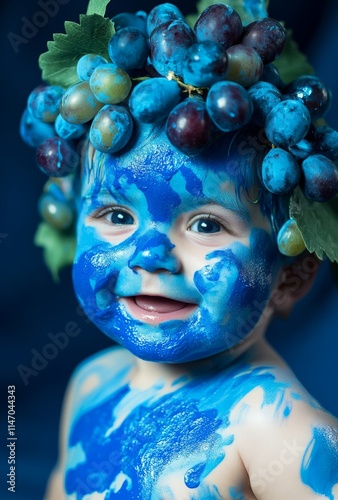 A child with a blue painted face and a crown of grapes, ideal for art projects, festivals, masquerades and vibrant themes. photo