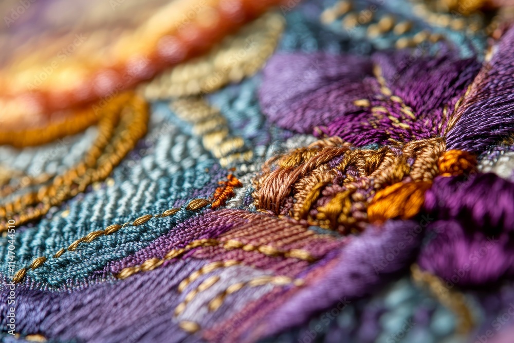 Intricate multicolored embroidery, textured threads, close-up view.