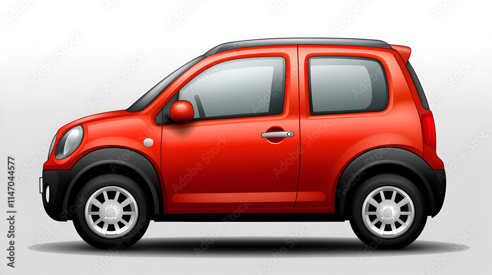 A vibrant red compact car depicted in a side view, emphasizing its modern design and distinct features. A vibrant red compact car depicted in a side view, emphasizing its modern design and distinct features.
