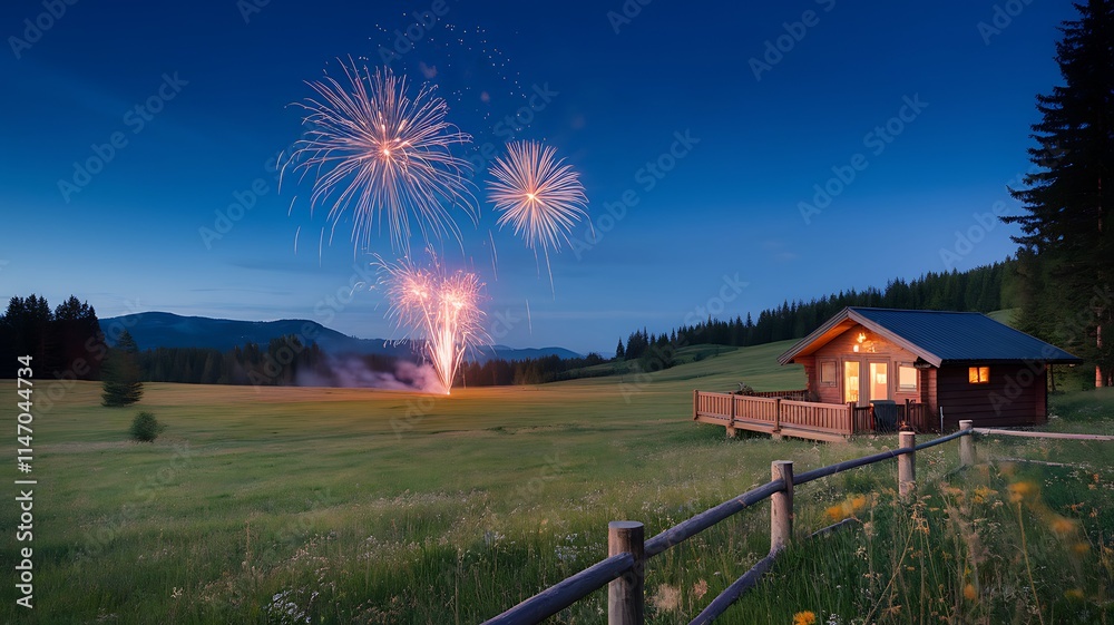 Festive Fireworks Display Over Cabin In Mountain Meadow Festive Fireworks Display Over Cabin In Mountain Meadow