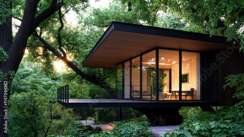 Modern treehouse nestled in lush forest.