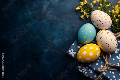 easter eggs on navy blue background