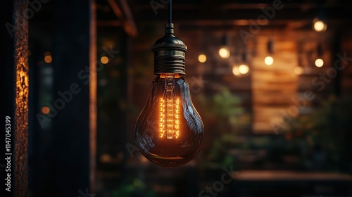 Warm-toned Edison bulb hanging outdoors at night.