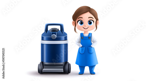 A cheerful cartoon character in blue overalls stands beside a large vacuum cleaner, representing cleaning and maintenance.