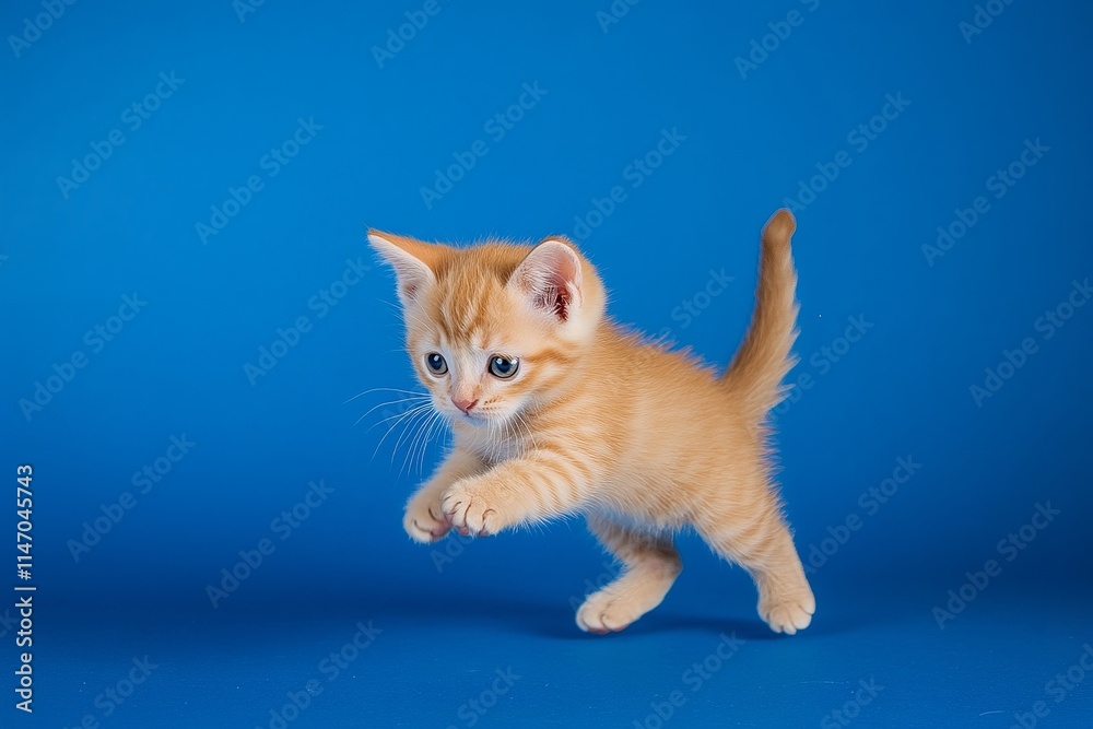 Playful Kitten Mid-Jump on Vibrant Blue Background, Capturing Movement and Joy Playful Kitten Mid-Jump on Vibrant Blue Background, Capturing Movement and Joy