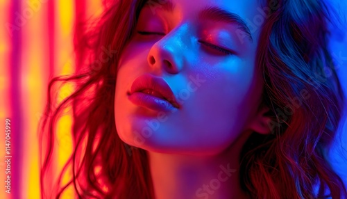 Serene portrait of a young woman with closed eyes illuminated by multicolored light.