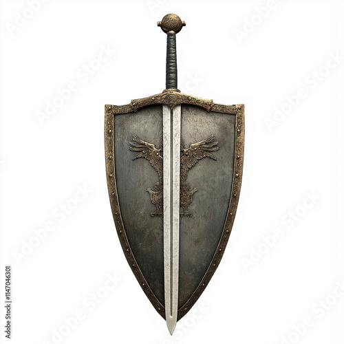 Medieval sword and shield on an isolated white background 