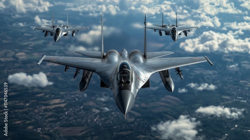 Fighter jet flying in the sky, view from above, The background is an expansive view of clouds over land.