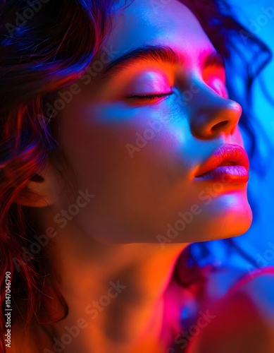Serene portrait of a young woman with closed eyes illuminated by multicolored light.