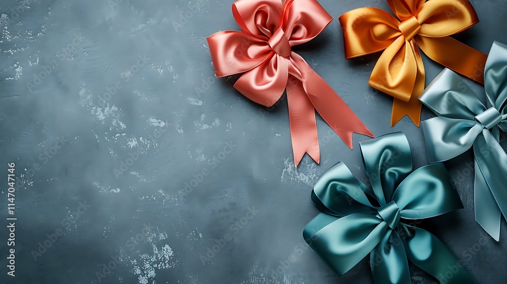 Ribbon Bows on a Gray Background, Creating a Subtle Yet Elegant Decorative Display for Gift Wrapping and Festive Occasions Ribbon Bows on a Gray Background, Creating a Subtle Yet Elegant Decorative Display for Gift Wrapping and Festive Occasions