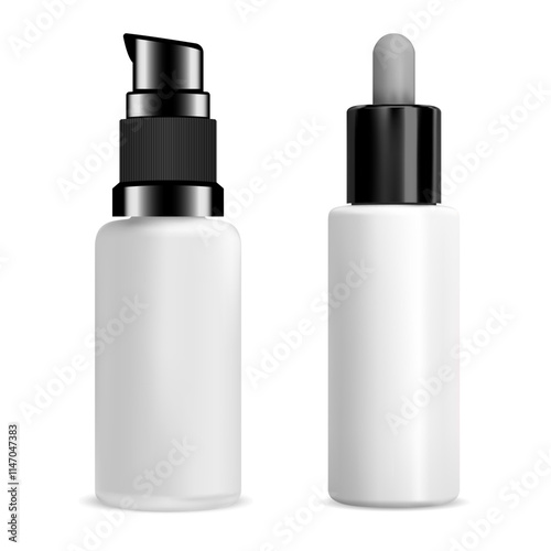 Cosmetic serum dropper airless dispenser bottle vector mockup. Face skin care essence eyedropper flask. Beauty foundation mini dispenser flask, matt glass packaging. Cream or lotion vial
