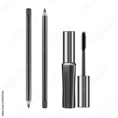 Eyebrow mascara mockup. Makeup cosmetic eyeliner pencil. Beautiful glamour girl cosmetics collection. Face art eyeshadow liner, eyelash drawing. Decorative cosmetic brush