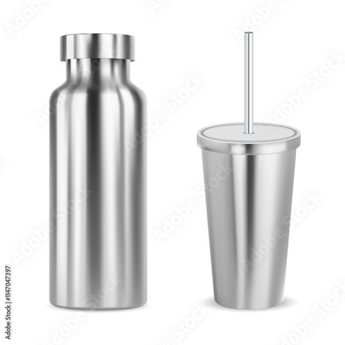 Stainless steel insulated water bottle, travel mug vector template. Reusable metallic thermos for hot or cold beverage. THermo flask with straw for takeaway, glossy cup. Sport drink container