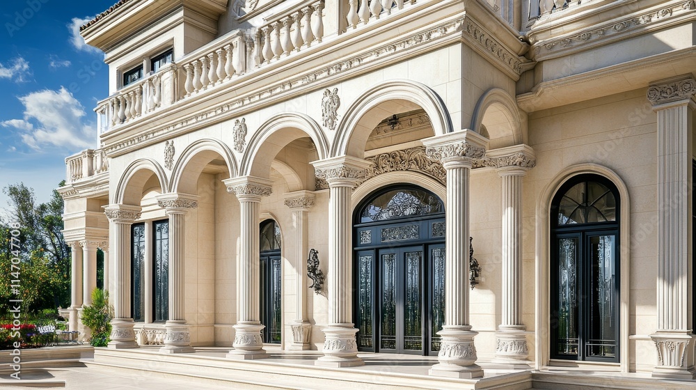 Fototapeta premium Grand mansion's classical facade, columns, arches.