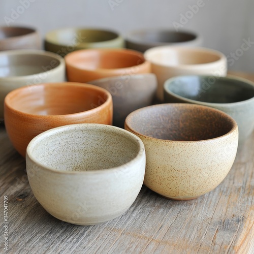 Handmade ceramic bowls in earthy tones arranged on a wooden surface, highlighting a simple and natural style that complements rustic decor and minimalist interiors