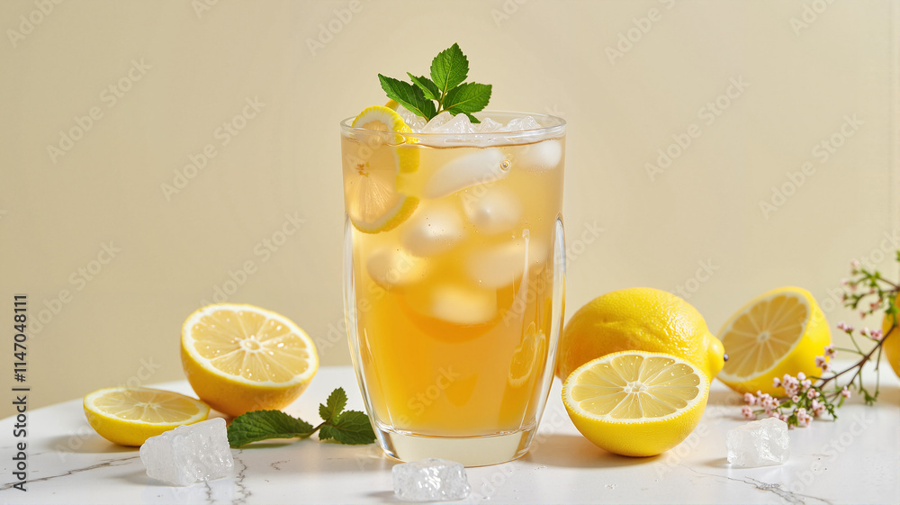 Fototapeta premium Iced lemon tea cocktail with fresh slices