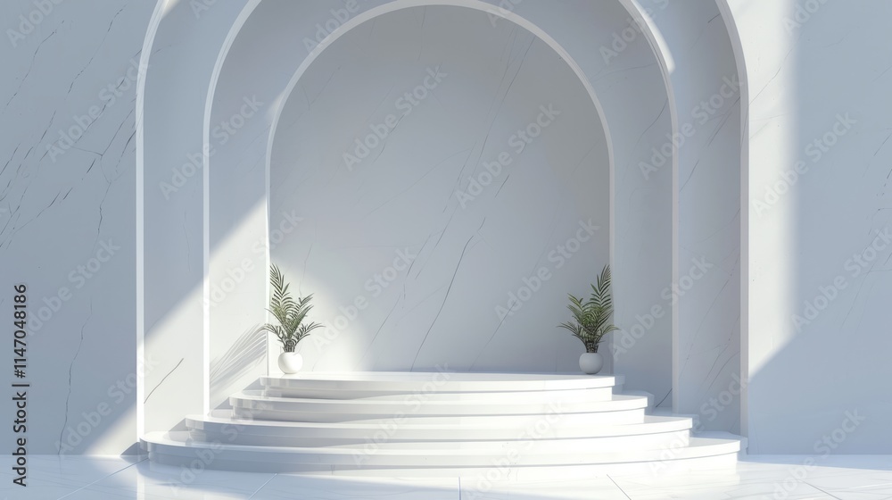 Obraz premium Minimalist white interior featuring an arched alcove with potted plants, showcasing simplicity and elegance in design.