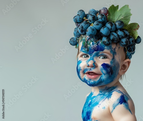 A child with a blue painted face and a crown of grapes, ideal for art projects, festivals, masquerades and vibrant themes. photo