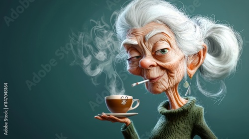 Caricature of an elderly woman smoking. It depicts an elderly woman with exaggerated facial features, smoking a cigarette while holding a cup of coffee. Copy space.