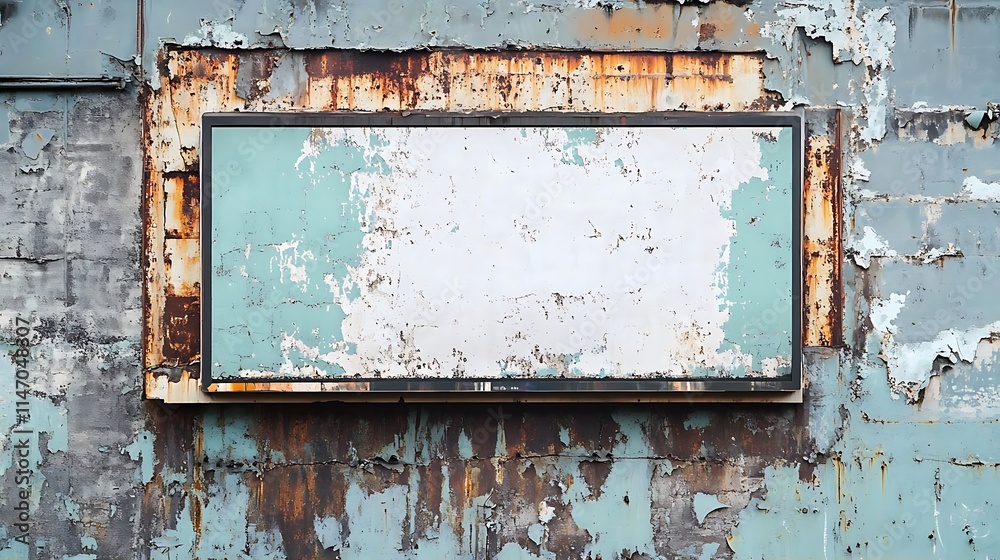 Weathered Signboard on a Rustic, Teal-Colored Wall Weathered Signboard on a Rustic, Teal-Colored Wall