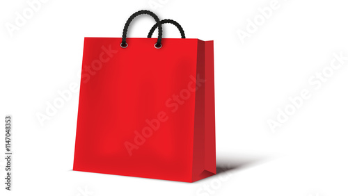 Red paper bag with handles, with shadow on a white background. PNG
