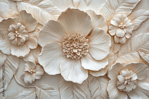 Cream-colored floral wall relief; textured, ornate, elegant.