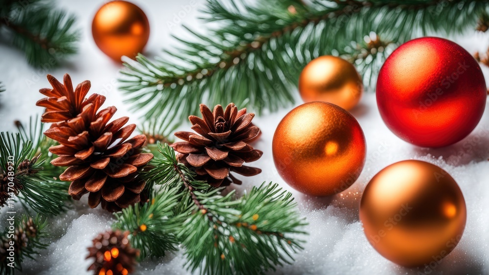 Christmas composition with fir branches, fir cones.  Christmas decorations on a white snowy background.