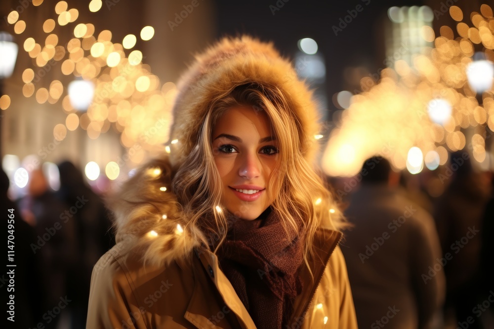 Beautiful Young Woman with Fur Hood and String Lights Enjoys the Magic of Christmas City Lights Beautiful Young Woman with Fur Hood and String Lights Enjoys the Magic of Christmas City Lights