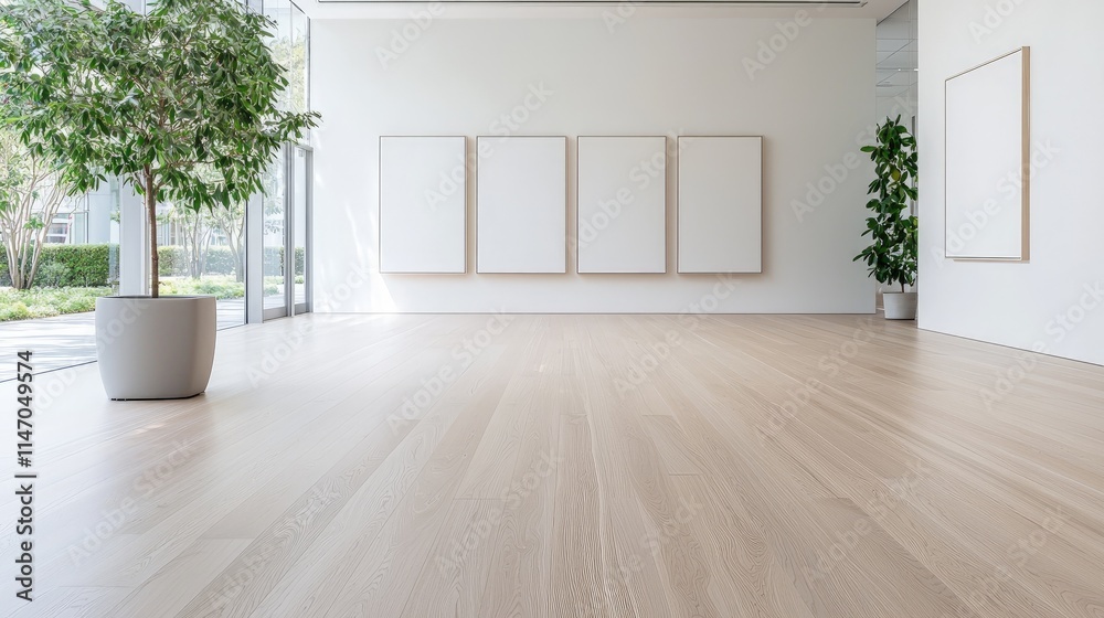 Fototapeta premium Modern gallery interior with empty frames, hardwood floor, and plants.