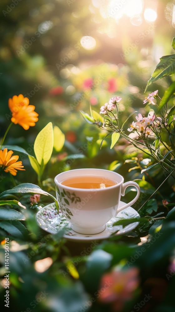 Enjoying a warm cup of tea in a blooming garden during golden hour Enjoying a warm cup of tea in a blooming garden during golden hour