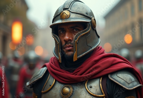 A Roman soldier, clad in armor and a red cloak, stares intently. photo