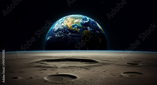 クレーターだらけの月面からみた青い惑星、地球