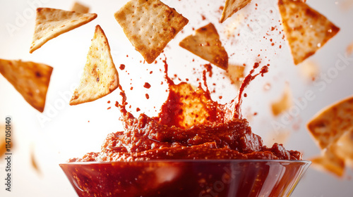 Pita chips suspended above a rich red hummus splash, hummus showing a smooth yet rustic texture with fine specks of paprika, the chips toasted with a soft golden brown tone. Image features bold separa photo