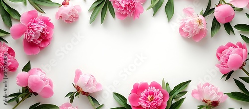 Wallpaper Mural Flat lay composition with pink peony flowers, white background, top view, space for text. Torontodigital.ca