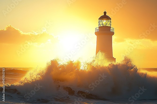 Majestic lighthouse stands tall against crashing waves and golde