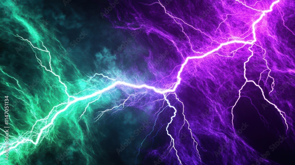 Neon lightning bolts in vivid purple, cyan, and electric green slicing through a dark, moody background, creating an intense futuristic storm effect with electric energy and digital vibes