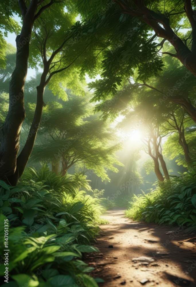 Fototapeta premium Lush green canopy, dappled sunlight filtering through leaves, closeup, plant, organic