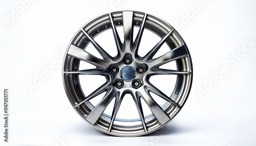 Sleek silver alloy wheel, detailed design, modern automotive styling.