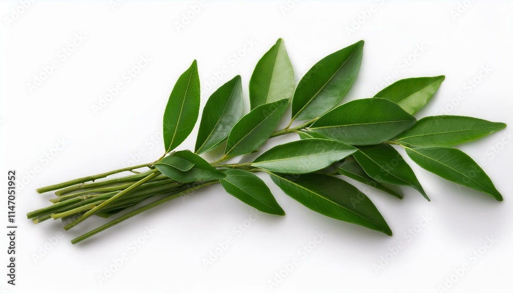 Fresh green leaves on a white background.