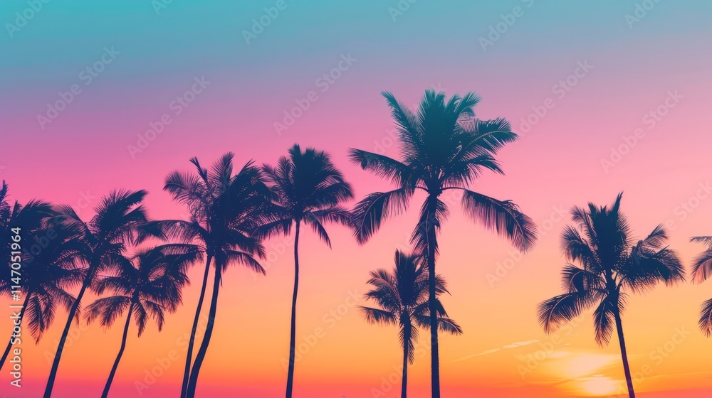 Silhouetted palm trees against the colorful hues of a beach holiday sunset Silhouetted palm trees against the colorful hues of a beach holiday sunset