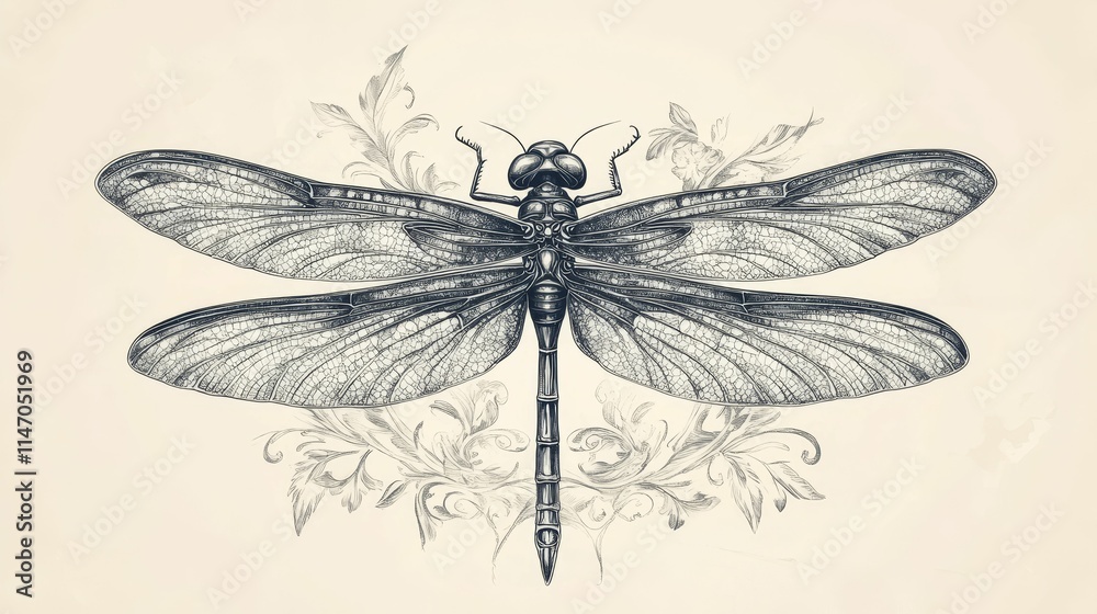 Detailed dragonfly drawing, ornate floral frame. Detailed dragonfly drawing, ornate floral frame.